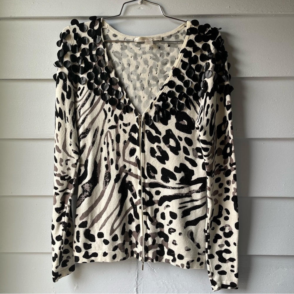 Boston Proper Zebra Leopard Print Zip-Up Cardigan